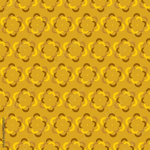 Fortuna gold geometric pattern of small and large circles and bubbles. Fortuna gold background with yellow, brown flower, chain. Chaotic and abstract pattern of rounds and circles. Vector illustration