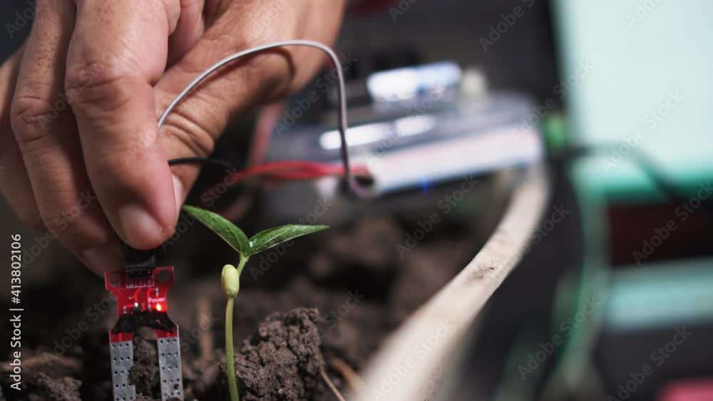 Hand of man is stitching a soil moisture sensor to determine soil moisture. Agricultural technology.