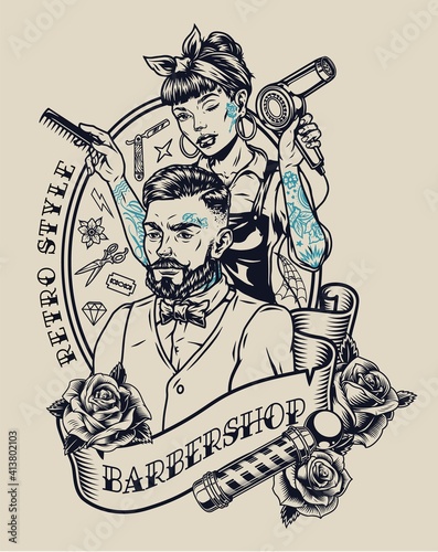 Barbershop vintage monochrome label