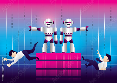 Illustration Vector. Robots replace human worker.  Robots takeover human job. Robots eliminate humans. Robots destroy human.