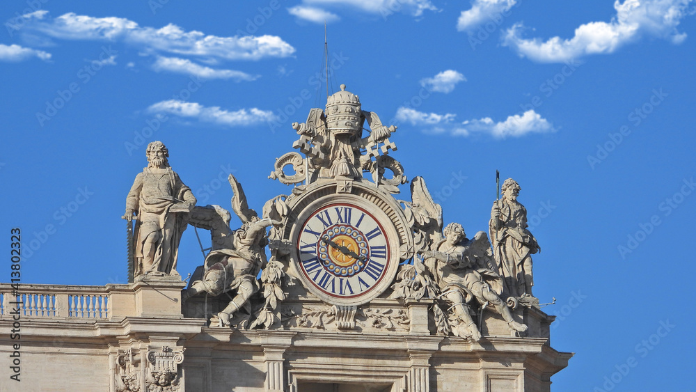 Zoom detail photo of main clock in Saint Peter Basilica, Vatican City, Rome, Italy