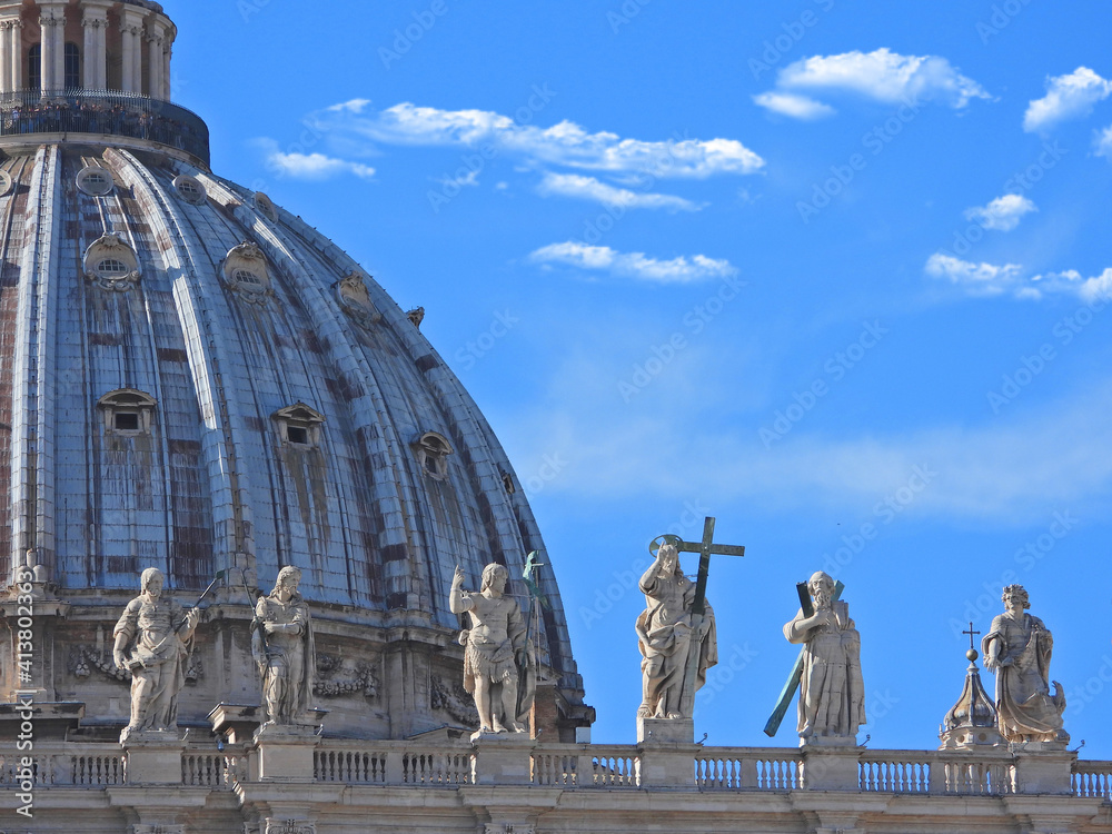 Obraz premium Zoom detail photo of sculptures on top of Saint Peter basilica in Vatican City, Rome, Italy