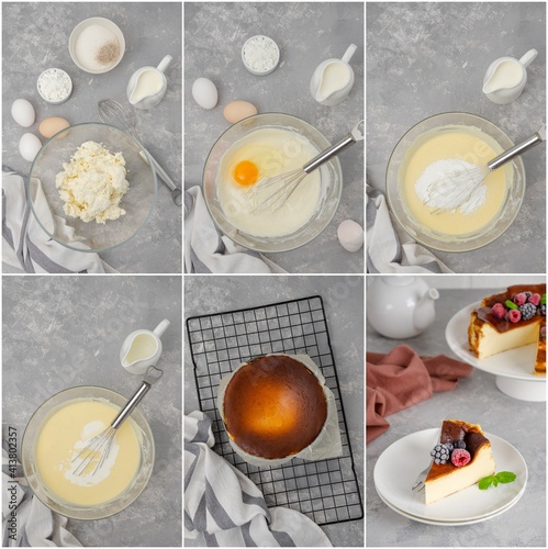 Φωτογραφία Collage of cooking cheesecake San Sebastian from cream cheese, cream, eggs, sugar and flour on a gray concrete background