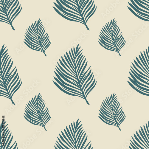 Abstract tropic seamless pattern in hand drawn style with navy blue fern leaf shapes. Grey background.