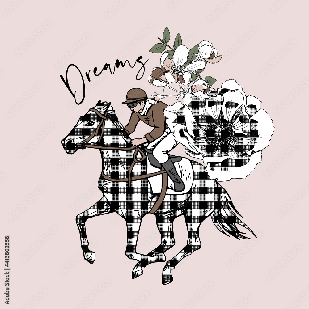 The running beautiful checkered horse, rider and anemone flowers on a light pink background. Romantic card, t-shirt composition, hand drawn style print. Vector illustration.