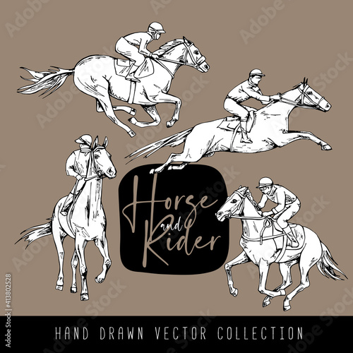 Hand drawn vector collection. The running beautiful horse and rider. 