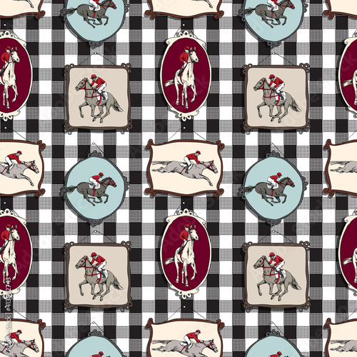 Seamless wallpaper pattern. The running beautiful horse and rider portrait in a different frames on a checkered background. Textile composition, hand drawn style print. Vector illustration.