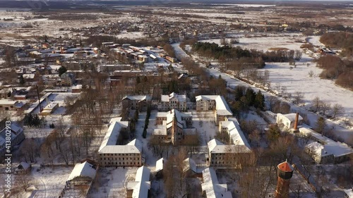 Abandoned old prussian Allenberg hospital in Znamensk, Russia, view from drone in the wintertime photo