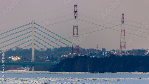view of the Pilsudski Bridge in the city of Plock on the Vistula River