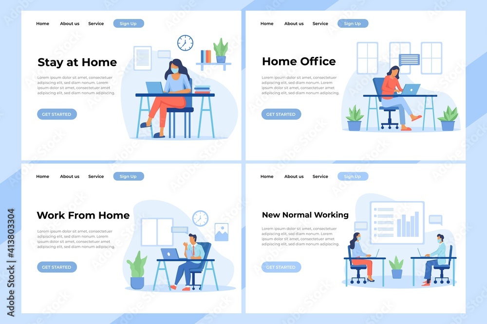 Working at home, coworking space, concept illustration. Young people, mаn and womаn freelancers working on laptops and computers at home. Vector flat style illustration Working at home, coworking space, concept illustration. Young people, mаn and womаn freelancers working on laptops and computers at home. Vector flat style illustration