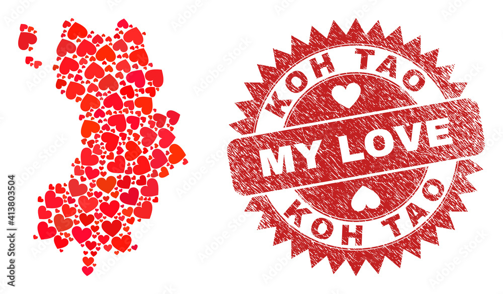 Vector collage Koh Tao map of love heart items and grunge My Love stamp. Collage geographic Koh Tao map constructed with lovely hearts. Vector collage Koh Tao map of love heart items and grunge My Love stamp. Collage geographic Koh Tao map constructed with lovely hearts.