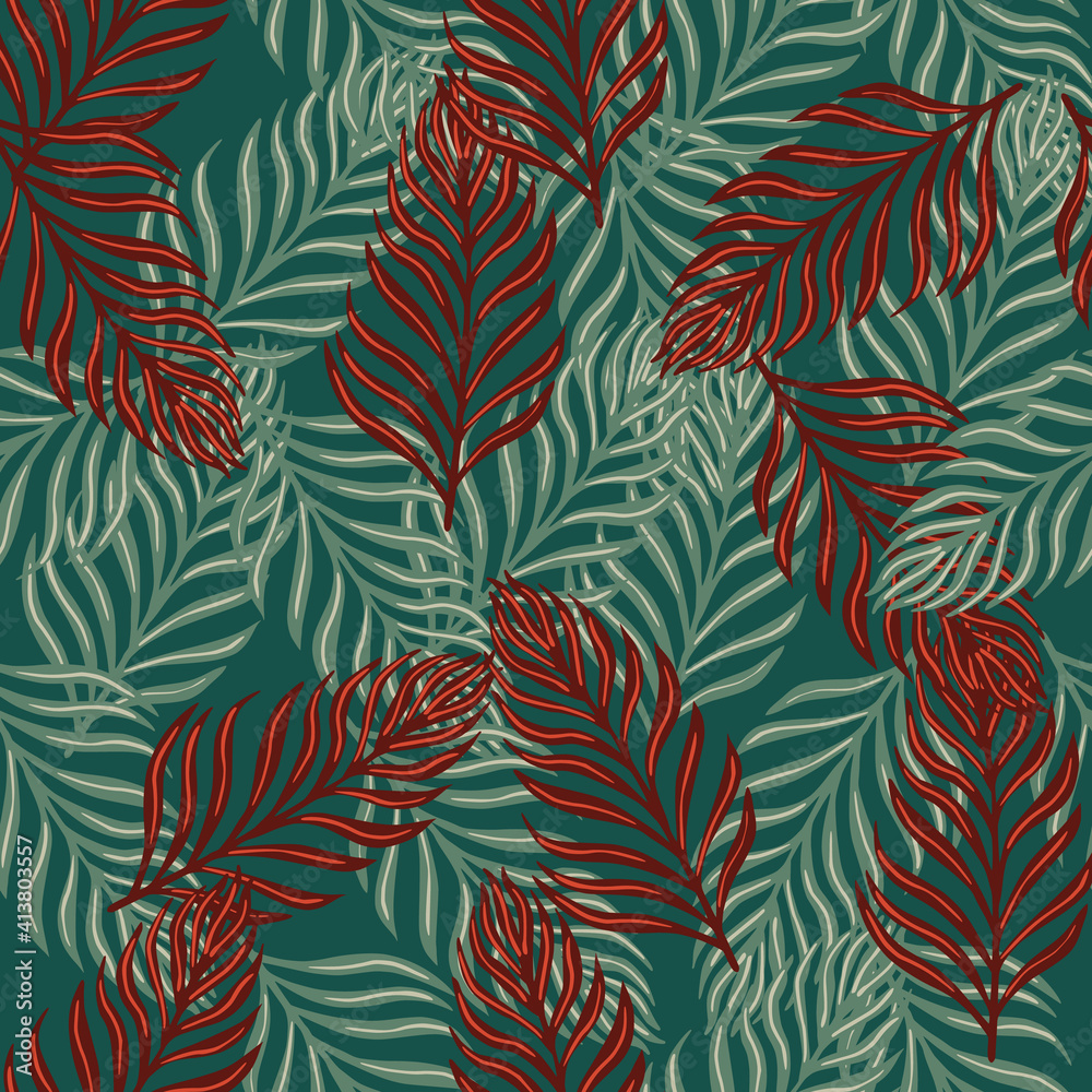 Botany wildlife seamless pattern with abstract random fern shapes print. Green and red colors palette.