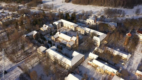 Abandoned old prussian Allenberg hospital in Znamensk, Russia, view from drone in the wintertime photo