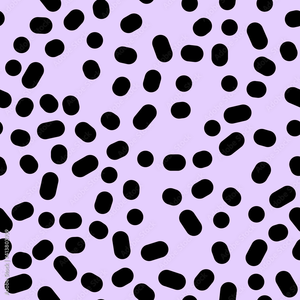 70s 80s 90s retro japanese fashion seamless pattern in purple and black colors. Exotic Leopard texture ornament with big dots and ovals on purple background. Vector endless vintage fashion design.