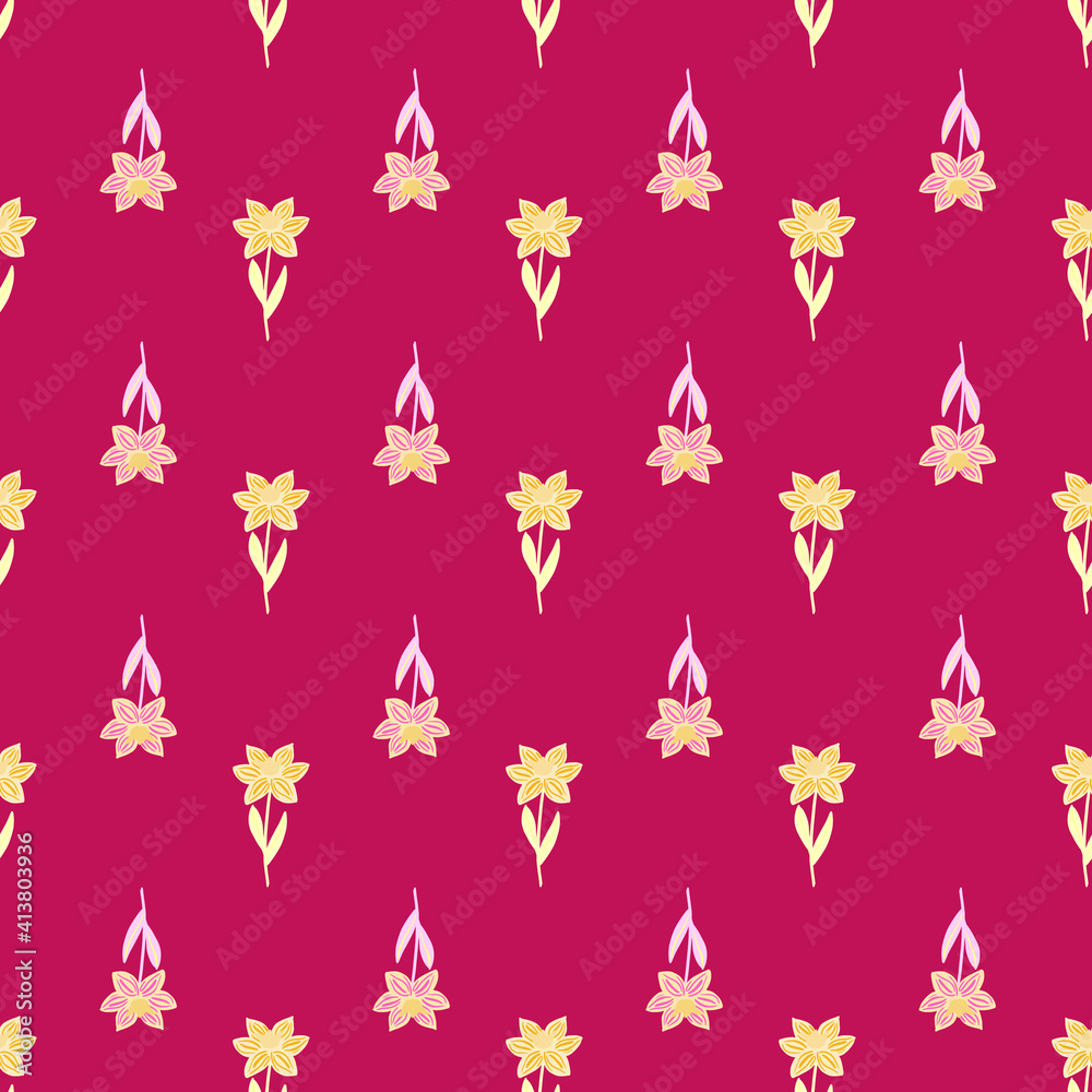 Summer bright seamless pattern with doodle yellow flowers little shapes print. Pink background. Simple design.