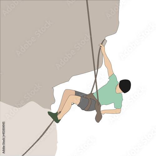 Mountaineer hanging on rock height, journey hike climb to summit, man active tourism