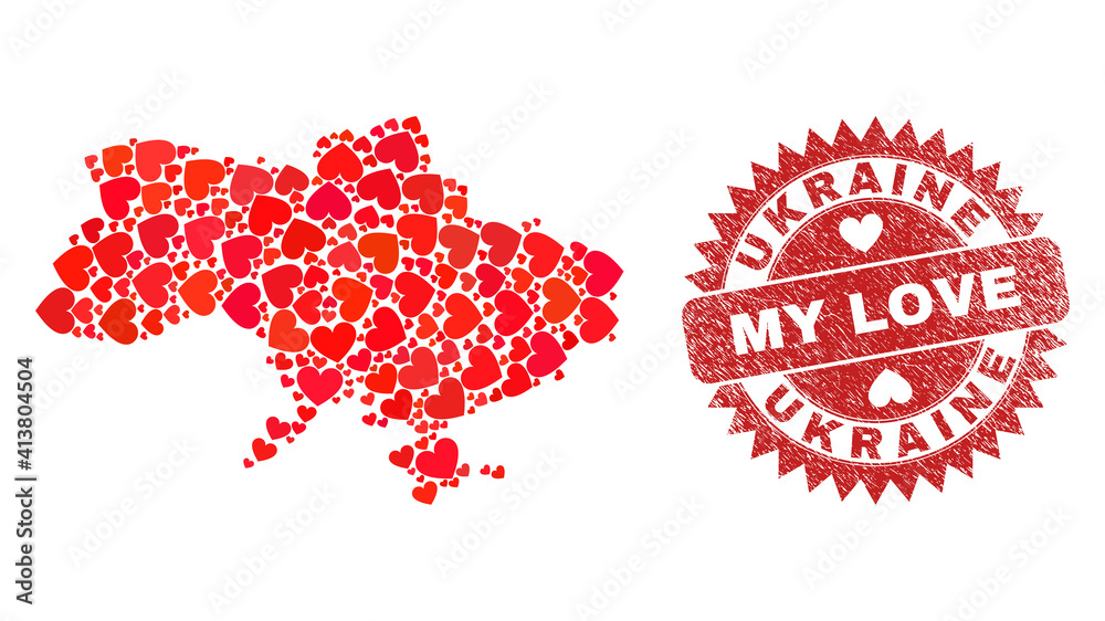 Vector collage Ukraine map of lovely heart items and grunge My Love badge. Collage geographic Ukraine map designed with lovely hearts. Vector collage Ukraine map of lovely heart items and grunge My Love badge. Collage geographic Ukraine map designed with lovely hearts.