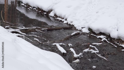 landscape with snowy river with in water in cold evening. static camera
