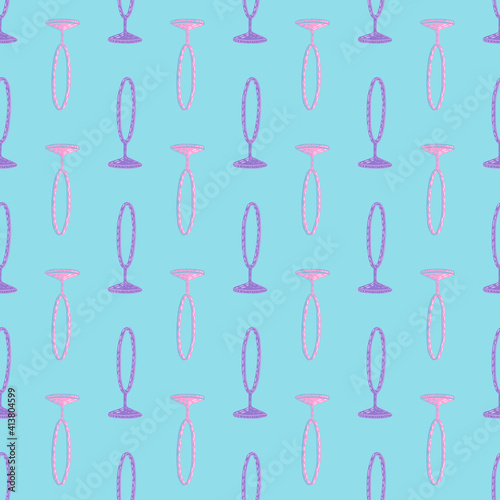 Pink and purple colored circus ring seamless pattern. Bright blue background. Decorative trick backdrop.