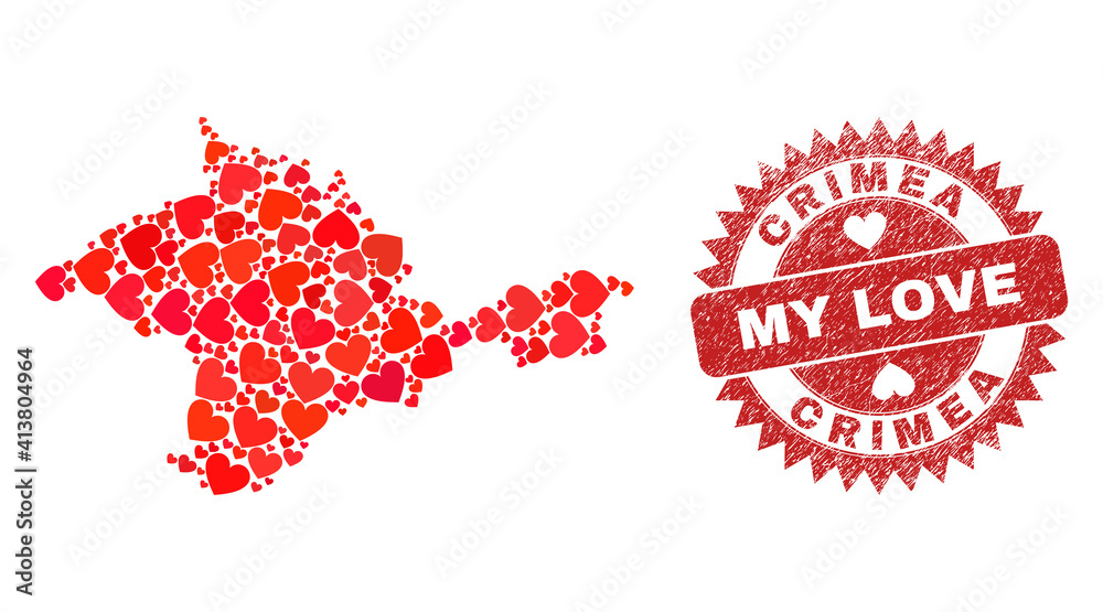 Vector collage Crimea map of love heart items and grunge My Love stamp. Collage geographic Crimea map designed using lovely hearts. Red rosette seal with scratched rubber texture and my love tag. Vector collage Crimea map of love heart items and grunge My Love stamp. Collage geographic Crimea map designed using lovely hearts. Red rosette seal with scratched rubber texture and my love tag.