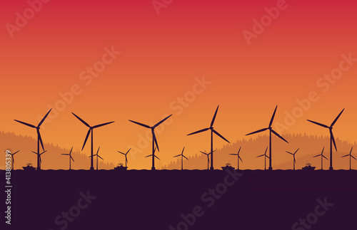 silhouette underconstruction Offshore wind turbine farm in sea on orange gradient background