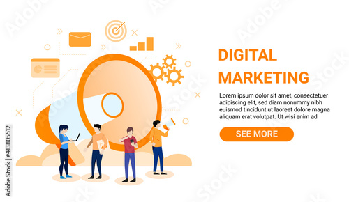 Digital marketing concept. Giant megaphone with people gathering and floating icons