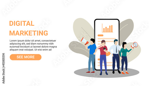 Digital marketing landing page. People with megaphones and giant smartphone