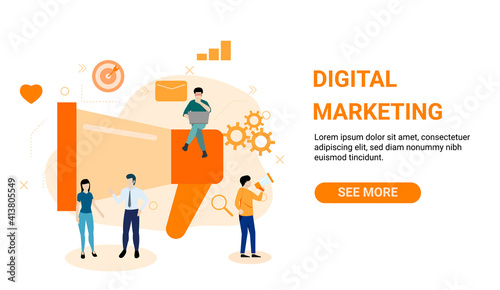 Marketing concept. Working people and big megaphone with icons