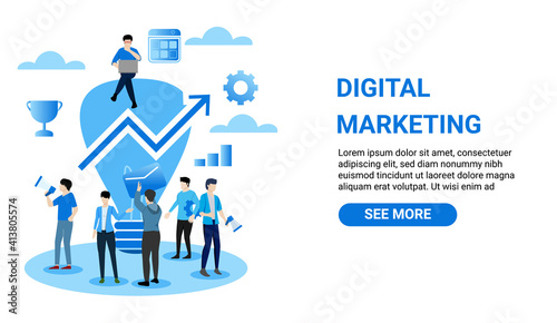 Marketing online concept. Blue uniform men with big light bulb and rising arrow