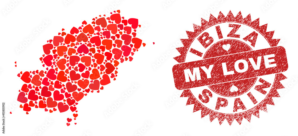 Vector mosaic Ibiza Island map of valentine heart elements and grunge My Love stamp. Mosaic geographic Ibiza Island map constructed with love hearts. Vector mosaic Ibiza Island map of valentine heart elements and grunge My Love stamp. Mosaic geographic Ibiza Island map constructed with love hearts.