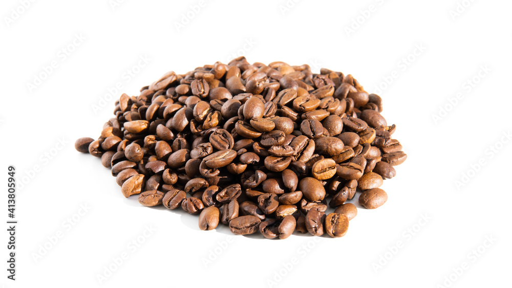 A pile of coffee beans isolated on white background. Roasted arabica coffee beans. A pile of coffee beans isolated on white background. Roasted arabica coffee beans.