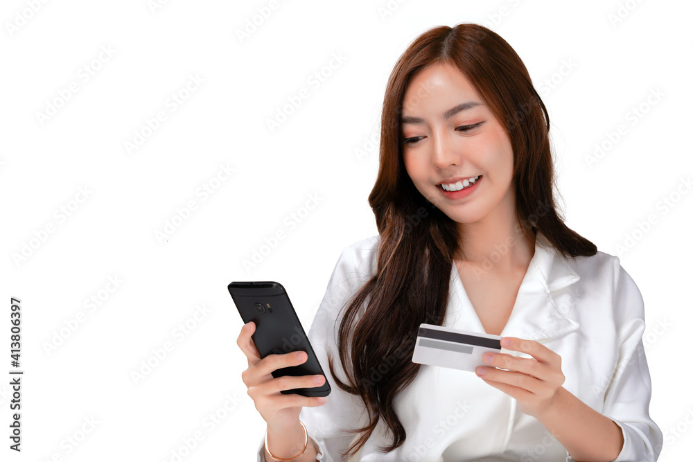 Asian woman use smartphone for internet banking, Business casual outfit, isolated with white background Asian woman use smartphone for internet banking, Business casual outfit, isolated with white background