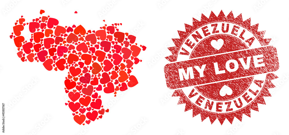 Vector mosaic Venezuela map of love heart items and grunge My Love stamp. Mosaic geographic Venezuela map designed with love hearts. Red rosette stamp with distress rubber texture and my love caption.
