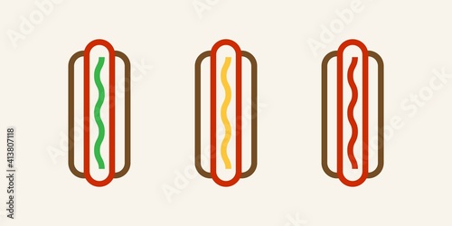Set of Three hotdogs with different flavors icon. Hotdog with topping illustration