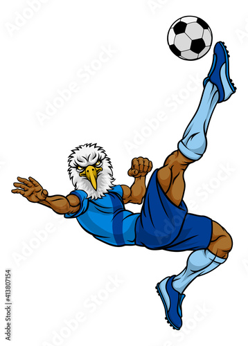 An eagle soccer football player cartoon animal sports mascot kicking the ball