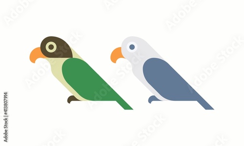 Simple design Various colors of lovebird parrots. The green masked and violet blue lovebird. Flat design Simple bird geometry