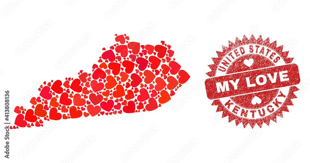 Vector mosaic Kentucky State map of love heart items and grunge My Love seal. Mosaic geographic Kentucky State map constructed with love hearts.