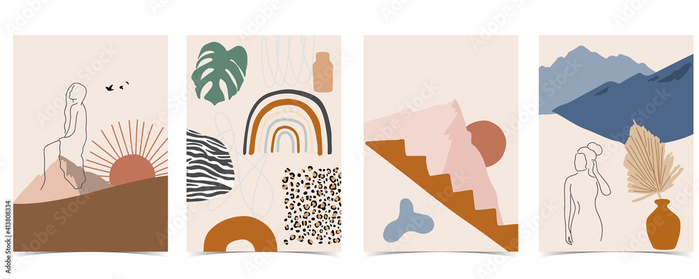 Collection of contemporary background set with mountain,sun.Editable vector illustration for website, invitation,postcard and poster