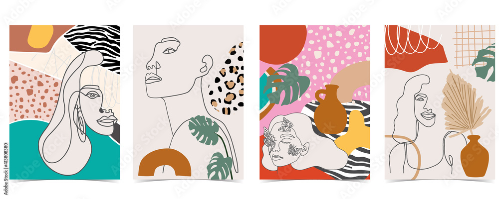 Collection of contemporary background set with woman,shape,rainbow.Editable vector illustration for website, invitation,postcard and poster