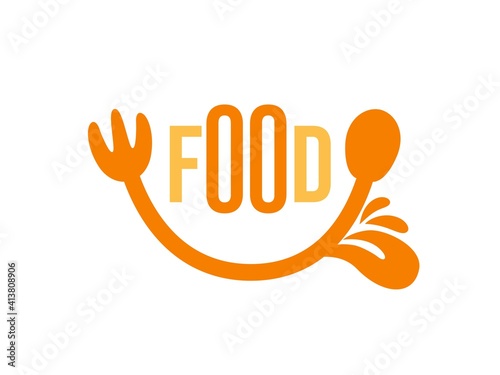 Food Logo with smile spoon and fork. Delicious food design illustration. tongue and saliva