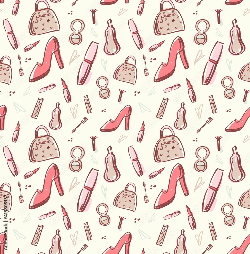 Make Up and Fasihon Woman with Bag, Shoe, Maskara, Lip Pattern Make Up and Fasihon Woman with Bag, Shoe, Maskara, Lip Pattern