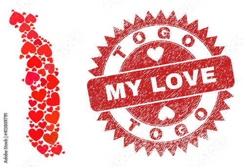 Vector mosaic Togo map of valentine heart items and grunge My Love badge. Mosaic geographic Togo map constructed using love hearts. Red rosette badge with unclean rubber texture and my love text.