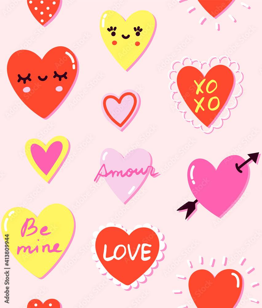 Seamless pattern with variety of colorful hearts and romantic messages. Cute love hearts for Valentine's Day celebration in modern flat style. Swatch included.