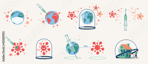 Coronavirus vaccination, globe on quarantine in protective mask, syringe vaccine in earth planet, world and shield, fight against covid 19. Keep social distance, stay at home, worldwide immunization