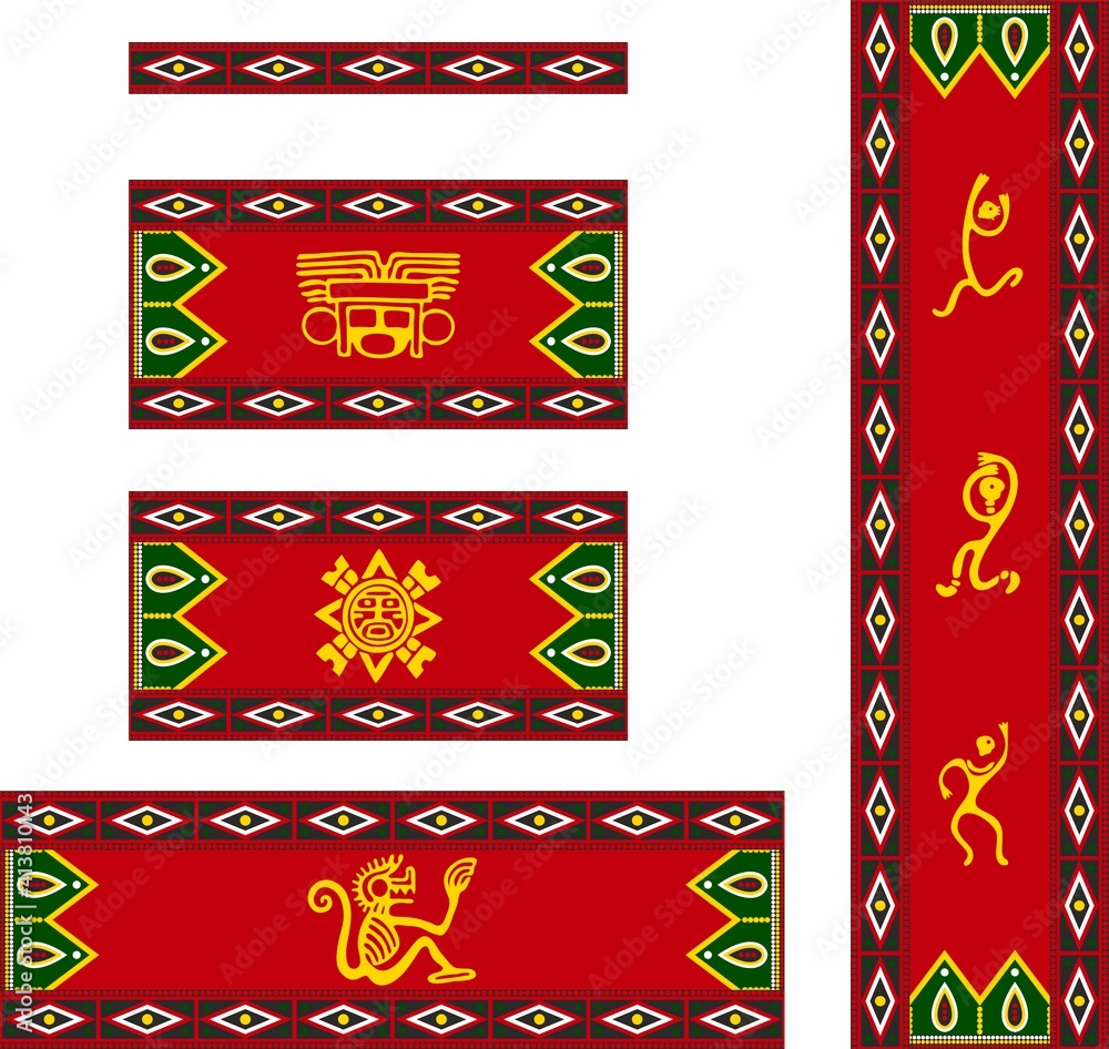 Vector red yellow green round colored aztec indian ornament with triangles and totem
