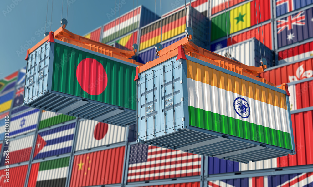Freight containers with India and Bangladesh flag. 3D Rendering 