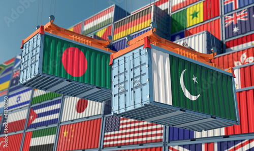 Freight containers with Pakistan and Bangladesh flag. 3D Rendering © Marius Faust