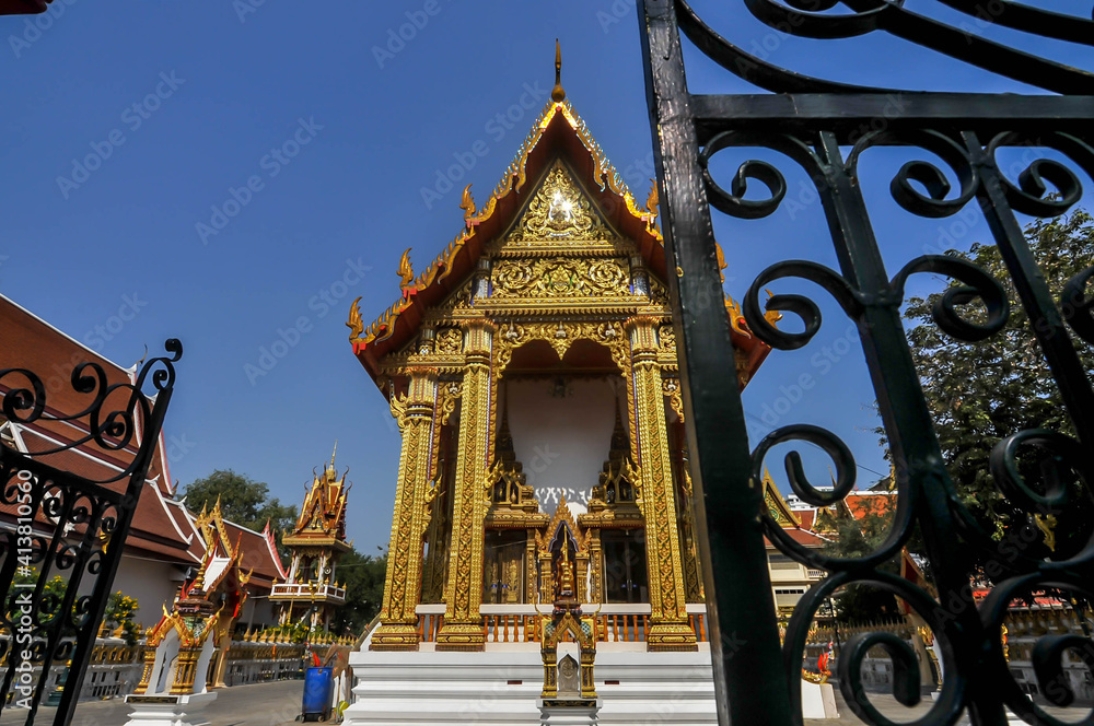 Fototapeta premium The outside of the Buddhist church at Wat Thepleela temple ,Bangkapi district ,Bangkok Thailand