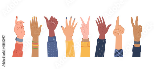 Diversity hands different gestures isolated set. Vector colorful palms, equal and diversity skins, multi ethnic community. Voting and pointing, hi-five, number one finger, thumb up, election vote sign
