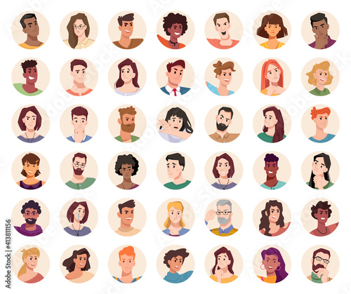 People portraits and emotional faces icons set. Vector group of men and women. Diversity of personages, multiethnic society. Cartoon characters expressing emotions laughter and joy, smile, calmness